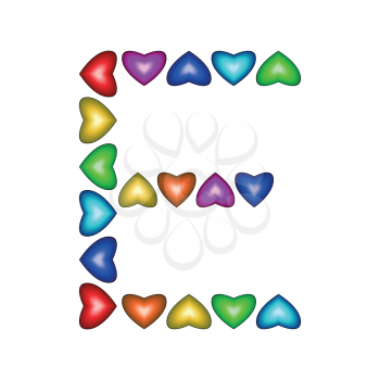 Letter E made of multicolored hearts on white background