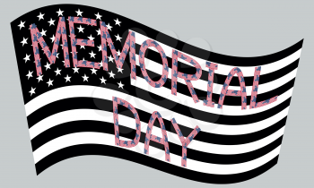 American flag waving in black and white colors with inscription Memorial day made from flags on gray background