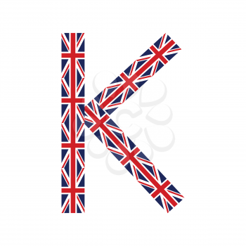 Letter K made from United Kingdom flags on white background