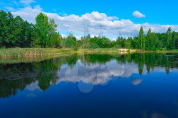 Summer landscape with forest lake and blue cloudy sky