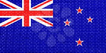 Flag of New Zealand on brick wall texture background. New Zealand national flag.