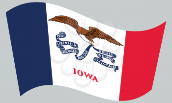 Iowan official flag, symbol. American patriotic element. USA banner. United States of America background. Flag of the US state of Iowa waving on gray background, vector