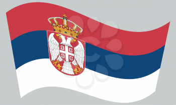 Serbian national official flag. Patriotic symbol, banner, element, background. Correct colors. Flag of Serbia waving on gray background, vector