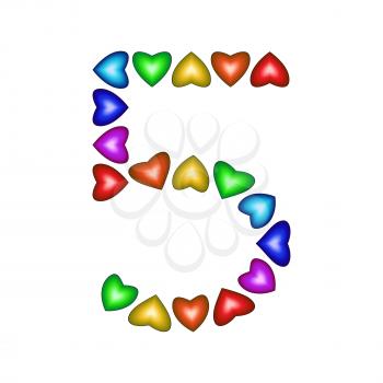 Number 5 of colorful hearts on white. Symbol for happy birthday, event, invitation, greeting card, award, ceremony. Holiday anniversary sign. Multicolored icon. Five in rainbow colors.