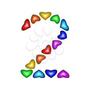 Number 2 of colorful hearts on white. Symbol for happy birthday, event, invitation, greeting card, award, ceremony. Holiday anniversary sign. Multicolored icon. Two in rainbow colors.