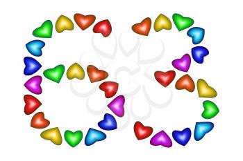 Number 63 of colorful hearts on white. Symbol for happy birthday, event, invitation, greeting card, award, ceremony. Holiday anniversary sign. Multicolored icon. Sixty three in rainbow colors.