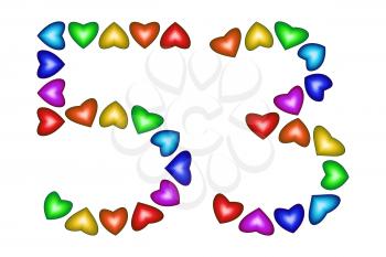 Number 53 of colorful hearts on white. Symbol for happy birthday, event, invitation, greeting card, award, ceremony. Holiday anniversary sign. Multicolored icon. Fifty three in rainbow colors.