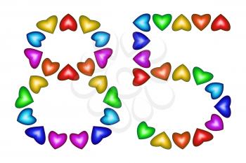 Number 85 of colorful hearts on white. Symbol for happy birthday, event, invitation, greeting card, award, ceremony. Holiday anniversary sign. Multicolored icon. Eighty five in rainbow colors.