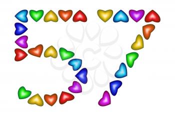 Number 57 of colorful hearts on white. Symbol for happy birthday, event, invitation, greeting card, award, ceremony. Holiday anniversary sign. Multicolored icon. Fifty seven in rainbow colors.