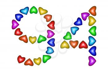 Number 94 of colorful hearts on white. Symbol for happy birthday, event, invitation, greeting card, award, ceremony. Holiday anniversary sign. Multicolored icon. Ninety four in rainbow colors.