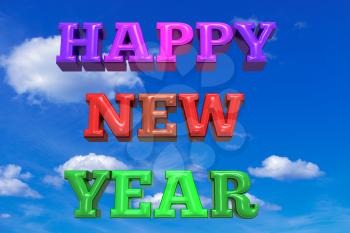 Happy New Year inscription made from multicolored letters on blue sky background. Greeting card. Happy holidays colorful design for banners, posters, flyers, invitation. 3D rendered illustration