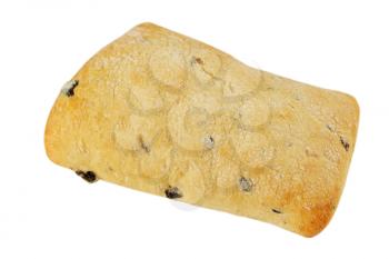 Ruddy ciabatta with olives on a white background