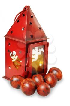 Red lantern with an angel and painted eggs