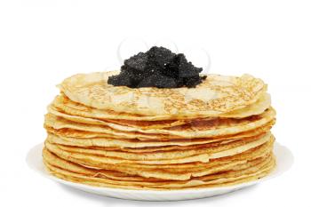 large pile of ruddy pancakes with caviar