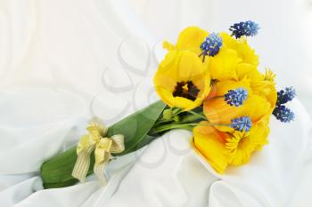 Bouquet of tulips and muscari with bow