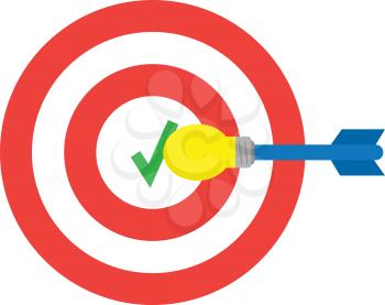 Vector red bullseye target with check mark and yellow blue light bulb dart is in the center.