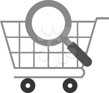 Vector grey magnifier against grey shopping cart.