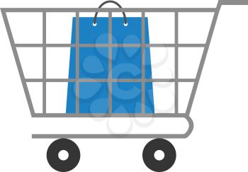 Vector blue shopping bag inside grey shopping cart.