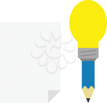Vector blue pencil with yellow light bulb tip with blank paper.