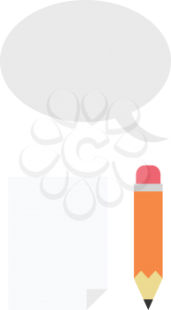 Vector orange pencil with blank paper and grey speech bubble.