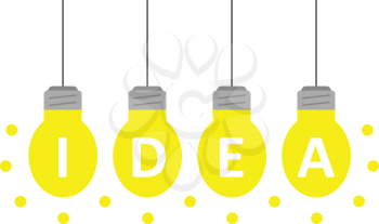 Four vector hanging glowing yellow light bulbs spelling idea.