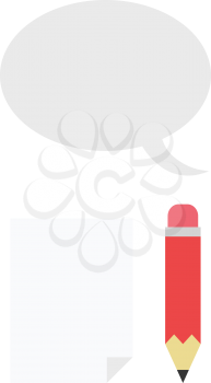 Vector red pencil with blank paper and grey speech bubble.