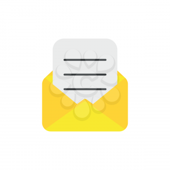 Flat design style vector illustration of yellow open envelope with written paper symbol icon on white background.