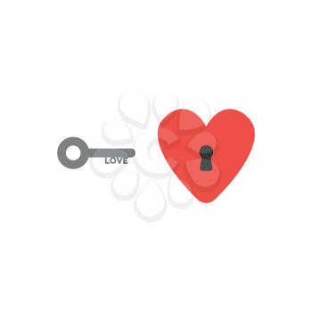 Flat design style vector illustration concept of grey love key and red heart symbol icon with black keyhole on white background.