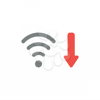 Flat design style vector illustration concept of grey wifi wireless symbol icon with red arrow moving or pointing down symbolizing bad, slow internet connection on white background.