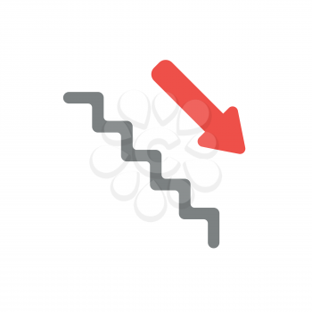 Flat design style vector illustration concept of grey stairs with red arrow symbol icon pointing down on white background.
