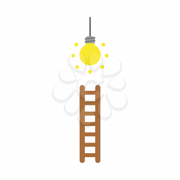 Flat design style vector illustration concept of climb to glowing yellow light bulb with brown wooden ladder  symbol icon on white background.