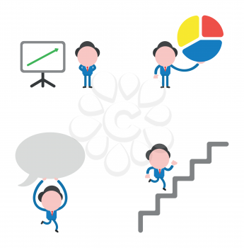 Vector illustration set of businessman mascot character with sales chart arrow moving up, holding diagram pie parts, running and carrying speech bubble and running on stairs.