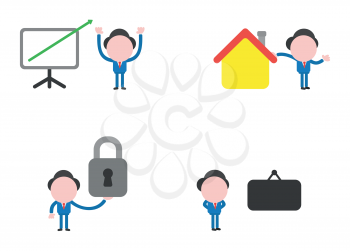 Vector illustration set of businessman mascot character with sales chart arrow moving up, with house, holding closed padlock and, with blank hanging sign.