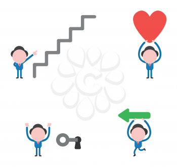 Vector illustration set of businessman mascot character pointing top of stairs, holding up heart, with key unlock keyhole and running and carrying arrow.