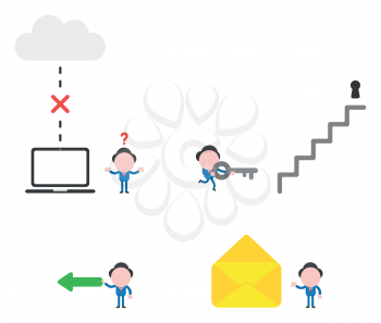Vector illustration set of businessman mascot character with laptop and cloud, connection problem, carrying key to unlock keyhole at top of stairs, holding arrow and with open envelope.
