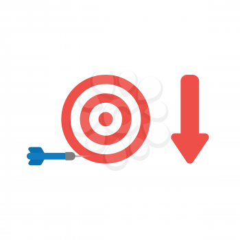 Vector illustration icon concept of bulls eye and dart miss the target with arrow moving down.