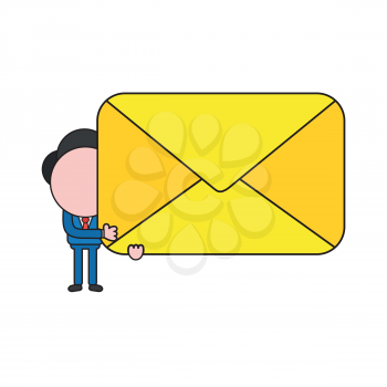 Vector illustration concept of businessman character holding closed mail envelope. Color and black outlines.