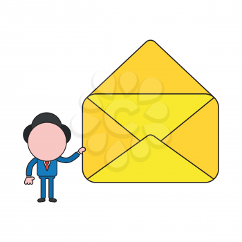 Vector illustration concept of businessman character holding opened mail envelope. Color and black outlines.