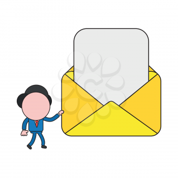 Vector illustration concept of businessman character walking and holding opened mail envelope with blank paper. Color and black outlines.