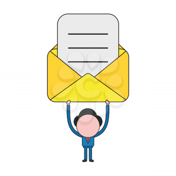 Vector illustration concept of businessman character holding up opened mail envelope with written paper. Color and black outlines.