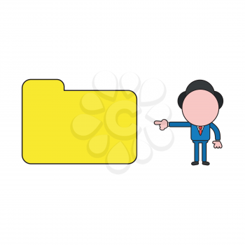 Vector illustration concept of businessman character pointing closed file folder. Color and black outlines.