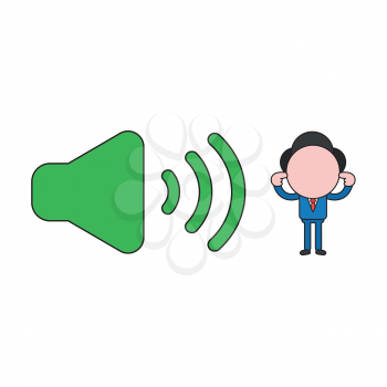 Vector illustration concept of businessman character with sound on symbol and closing ears. Color and black outlines.