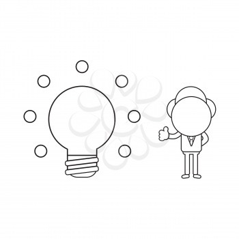 Vector illustration concept of businessman character with glowing light bulb and showing thumbs-up. Black outline.