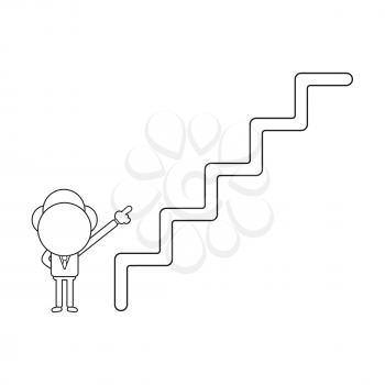 Vector illustration concept of businessman character pointing top of stairs. Black outline.