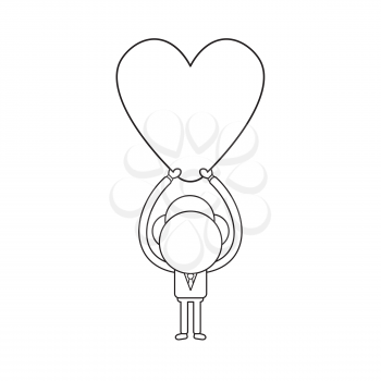 Vector illustration concept of businessman character holding up heart. Black outline.