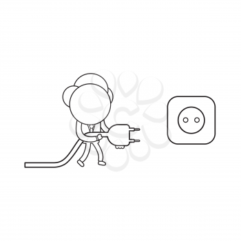 Vector illustration concept of businessman character holding plug and cable to outlet. Black outline.
