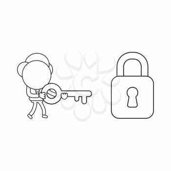 Vector illustration concept of businessman character walking and carrying key to unlock padlock. Black outline.