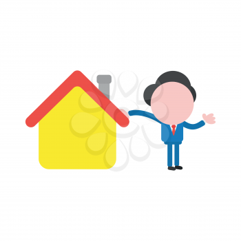 Vector cartoon illustration concept of faceless businessman mascot character leaning on yellow house symbol icon.