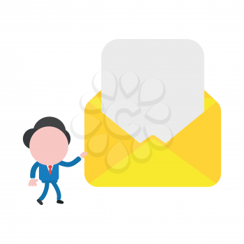 Vector cartoon illustration concept of faceless businessman mascot character walking and carrying yellow open envelope with blank paper symbol icon.