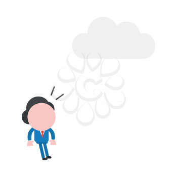 Vector cartoon illustration concept of surprised faceless businessman mascot character looking at grey cloud symbol icon above.